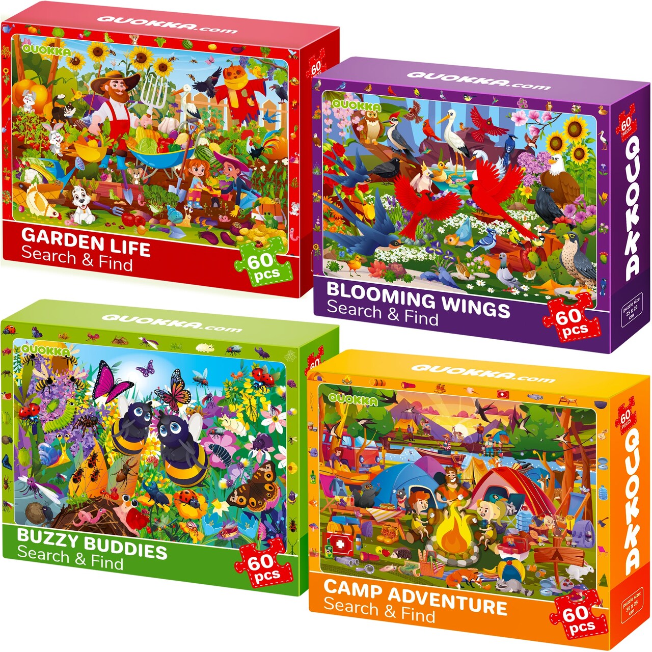 Search & Find Puzzle 4x60 Pcs for Kids | Birds, Camping, Garden
